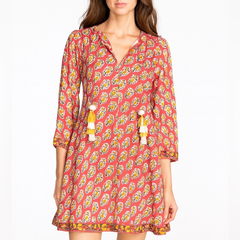 Mary Marshmallow Floral Long Sleeve Boho Dress Size S Red Yellow Resort-Wear